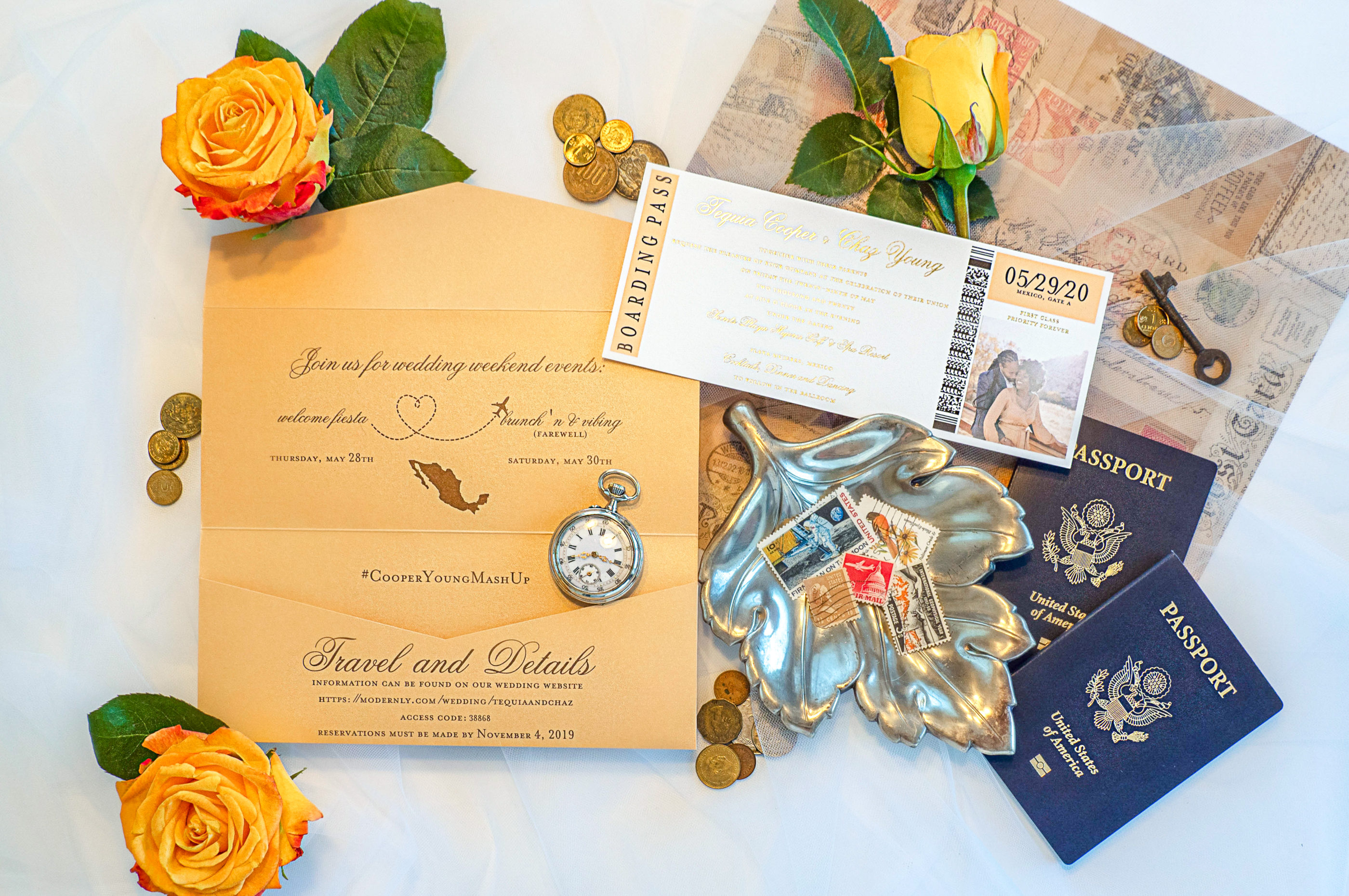destination invitation suite with boarding pass, custom envelope, and passports