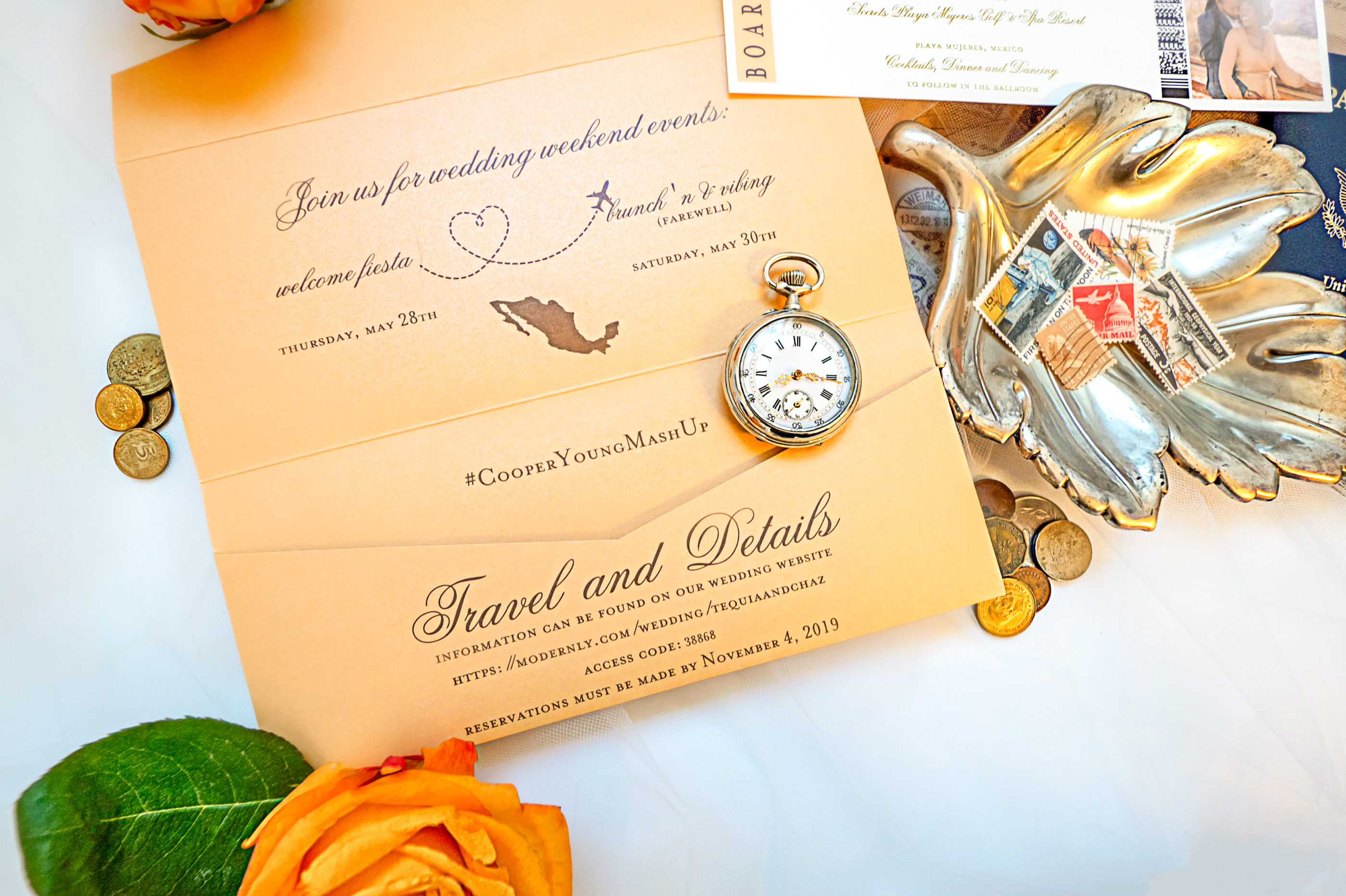 close photograph of custom envelope for destination wedding invitation suite