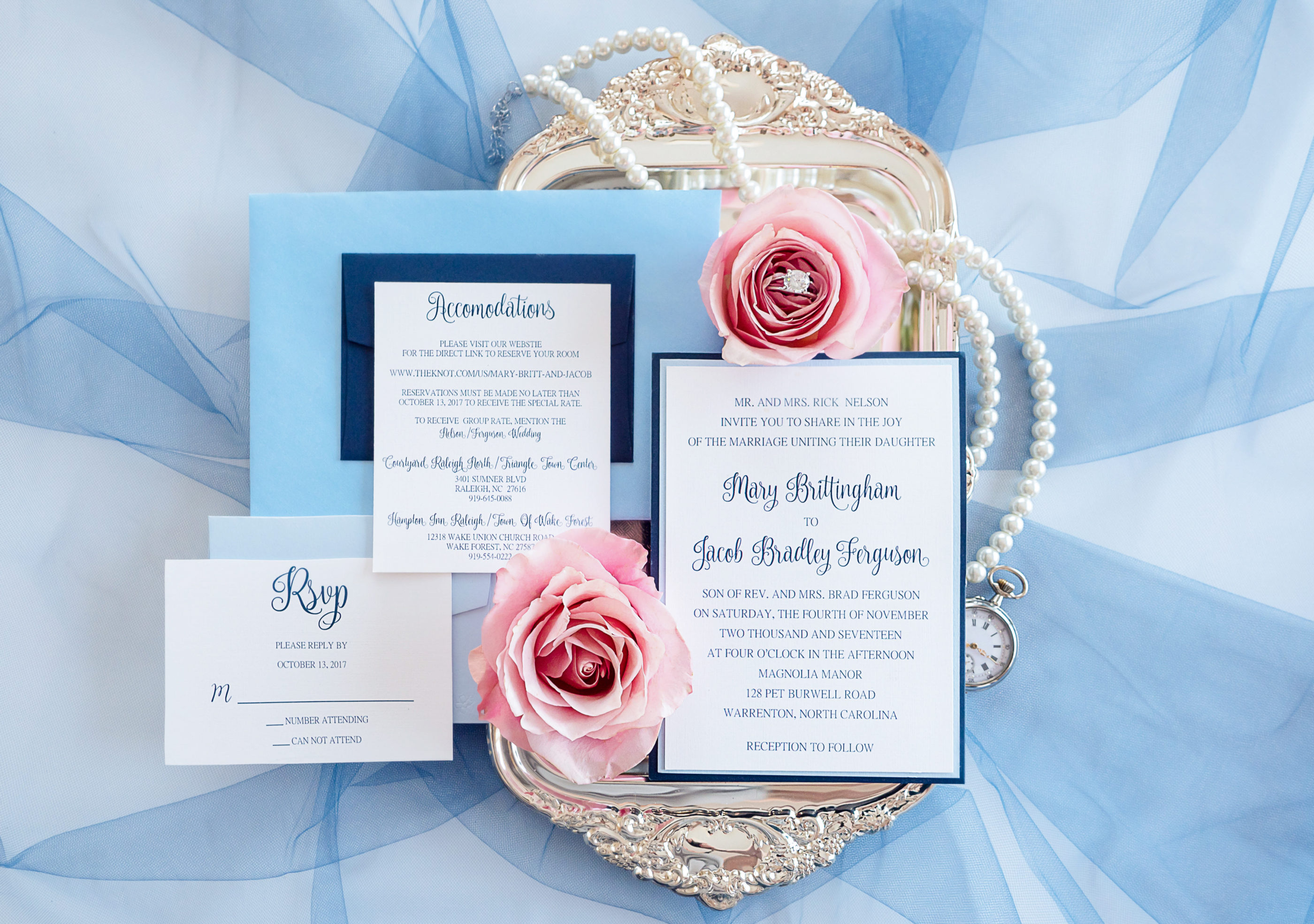 navy and light blue wedding invitation suite