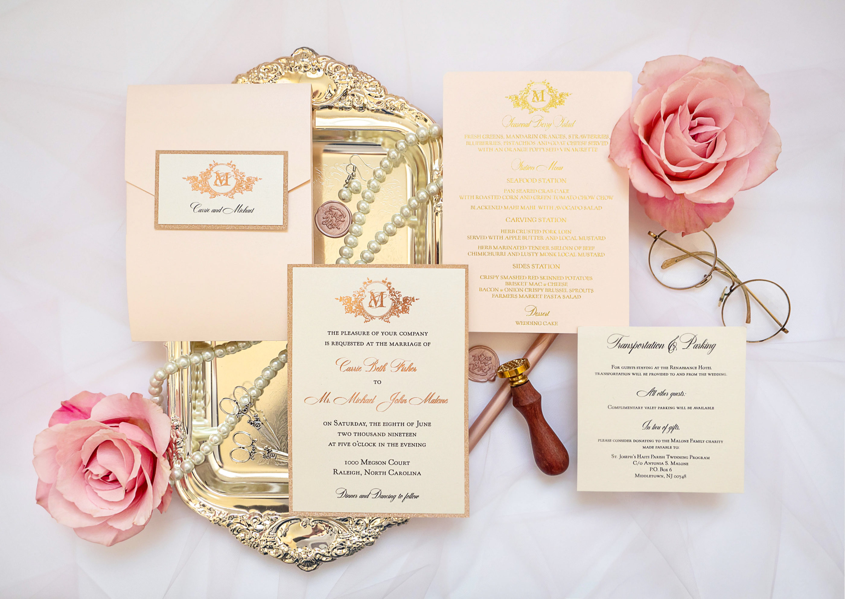 rose gold, pink, and cream foil invitation suite