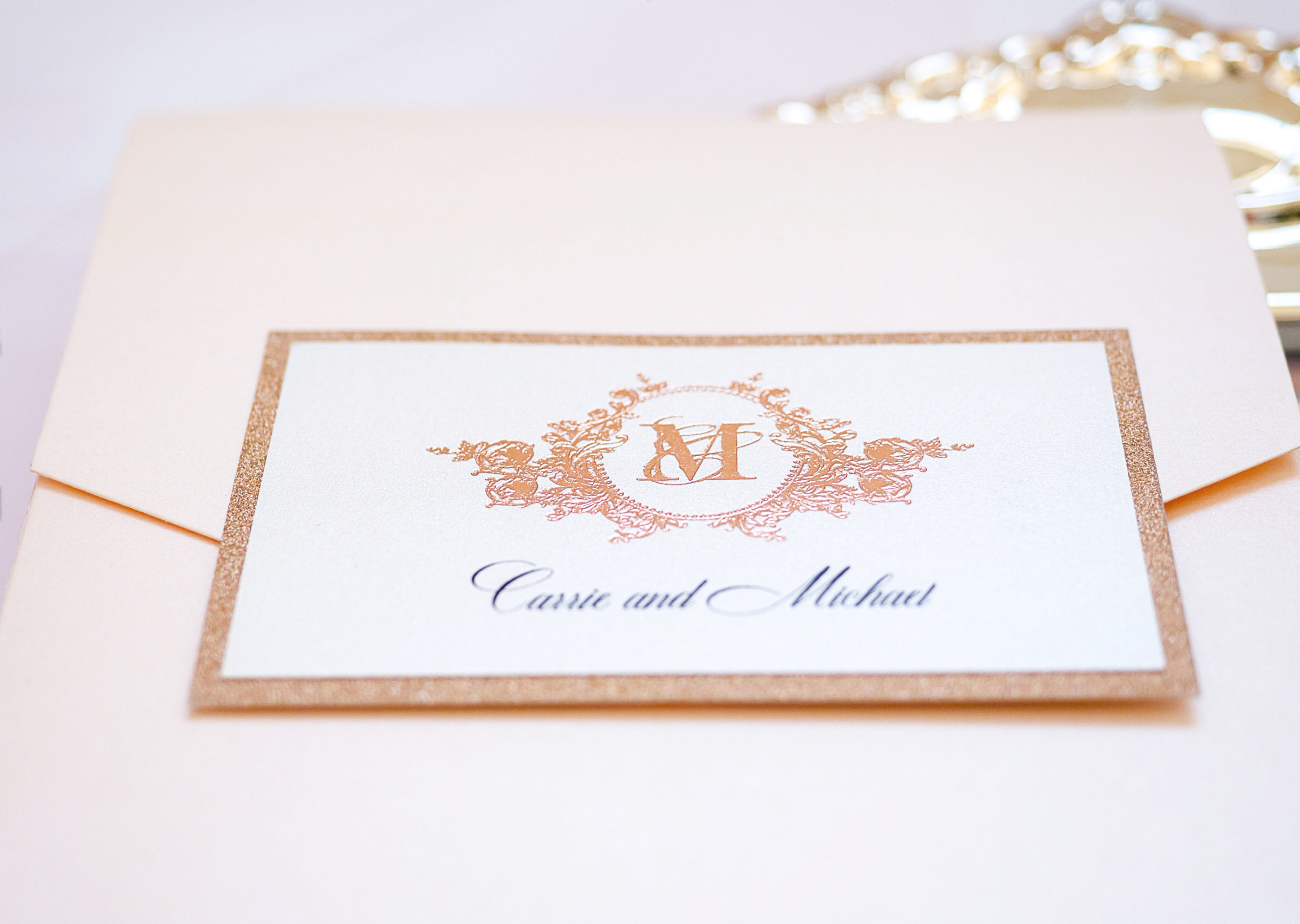 rose gold and pink foil embossed invitation suite