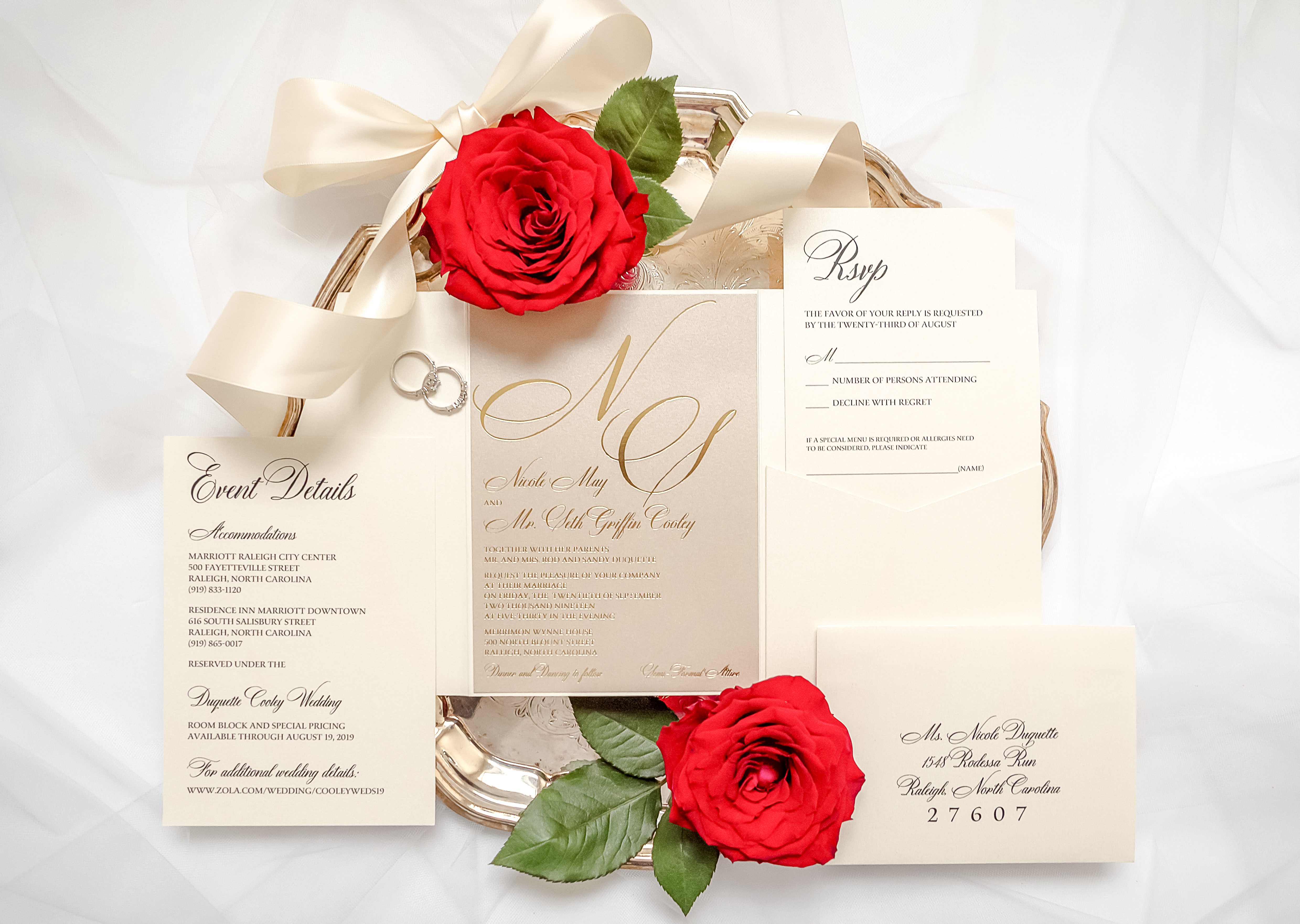 cream, taupe, and gold foil embossed invitation suite