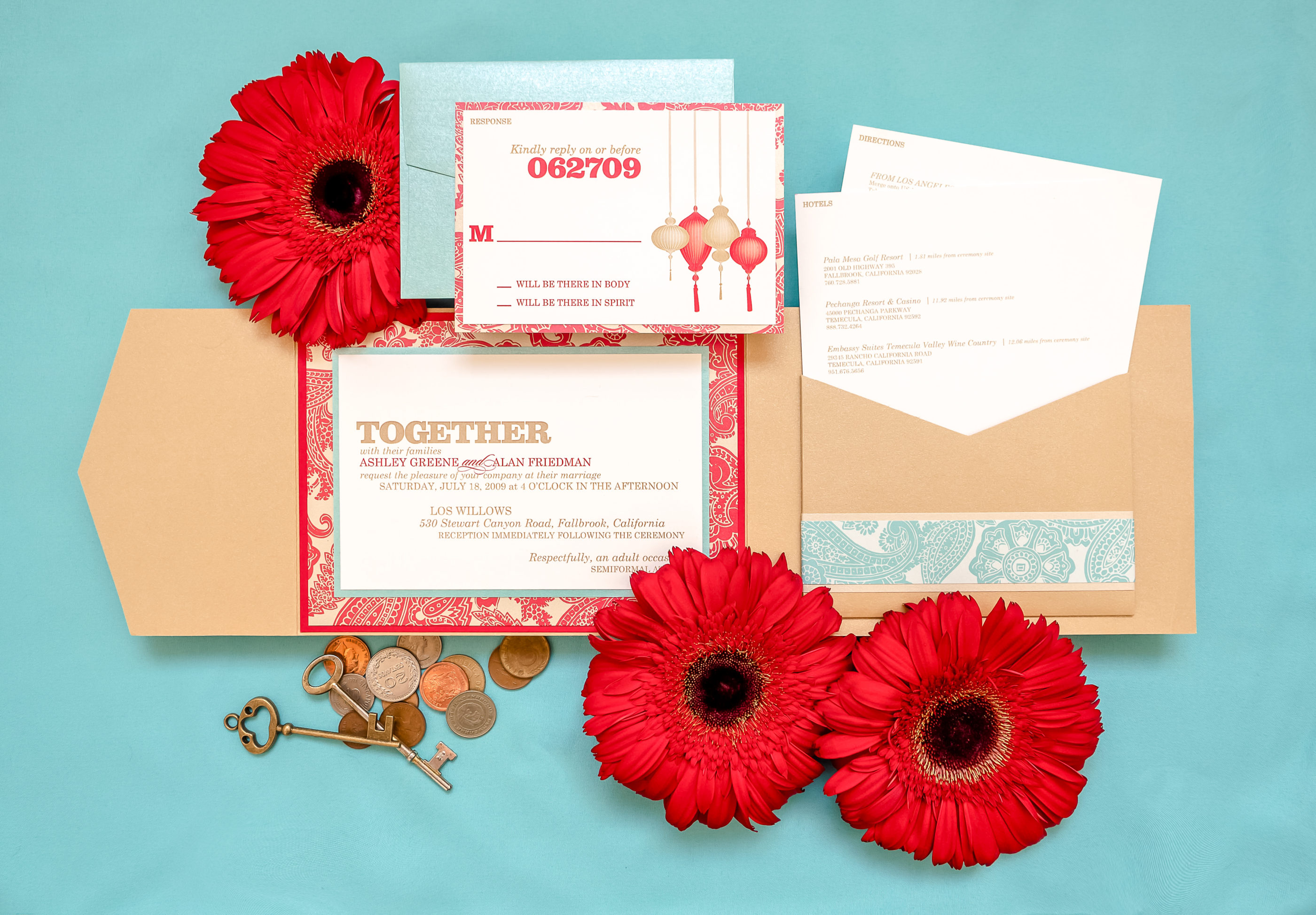 red and teal wedding invitation suite with paisley design