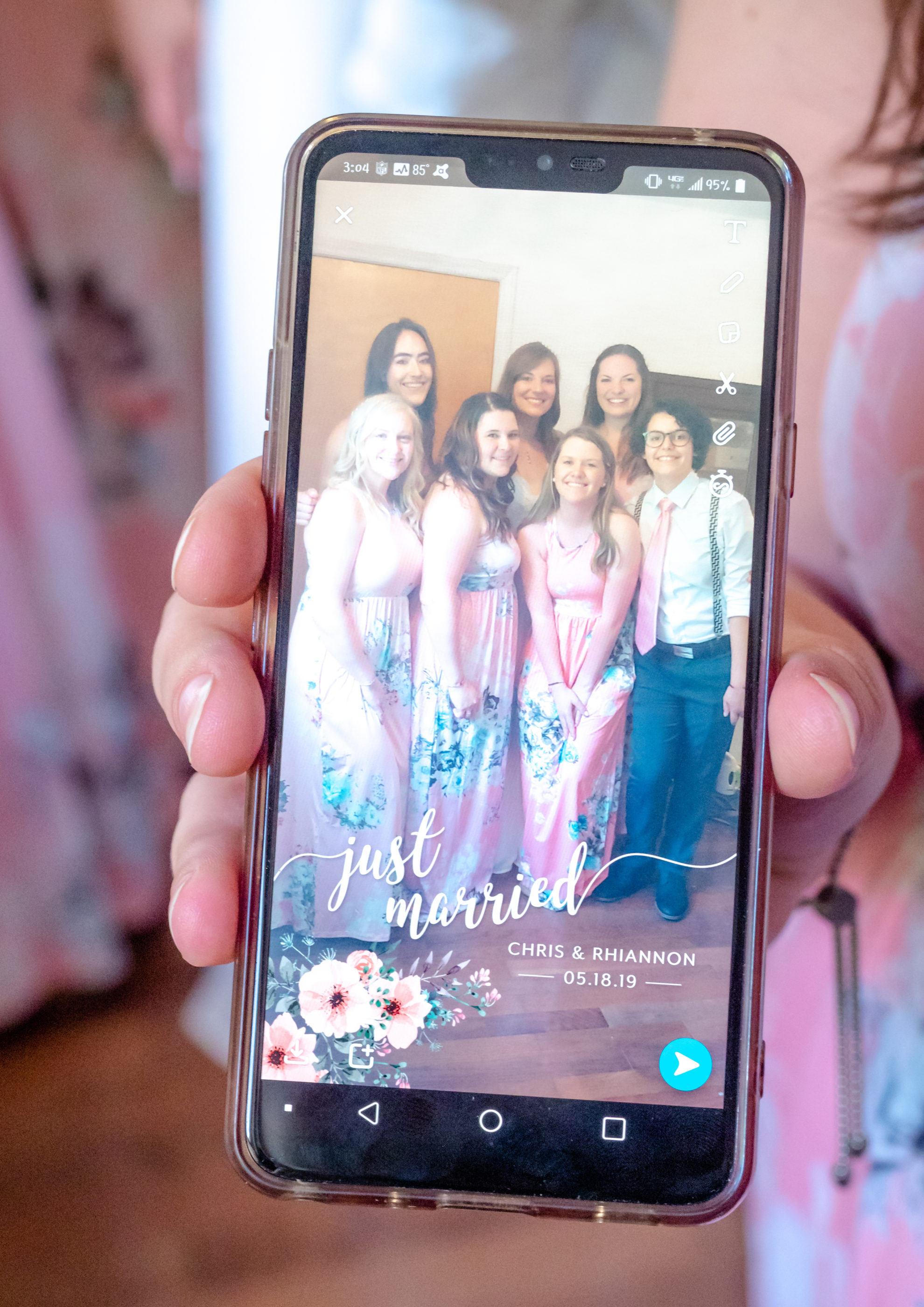maid of honor's cell phone showing just married instagram post