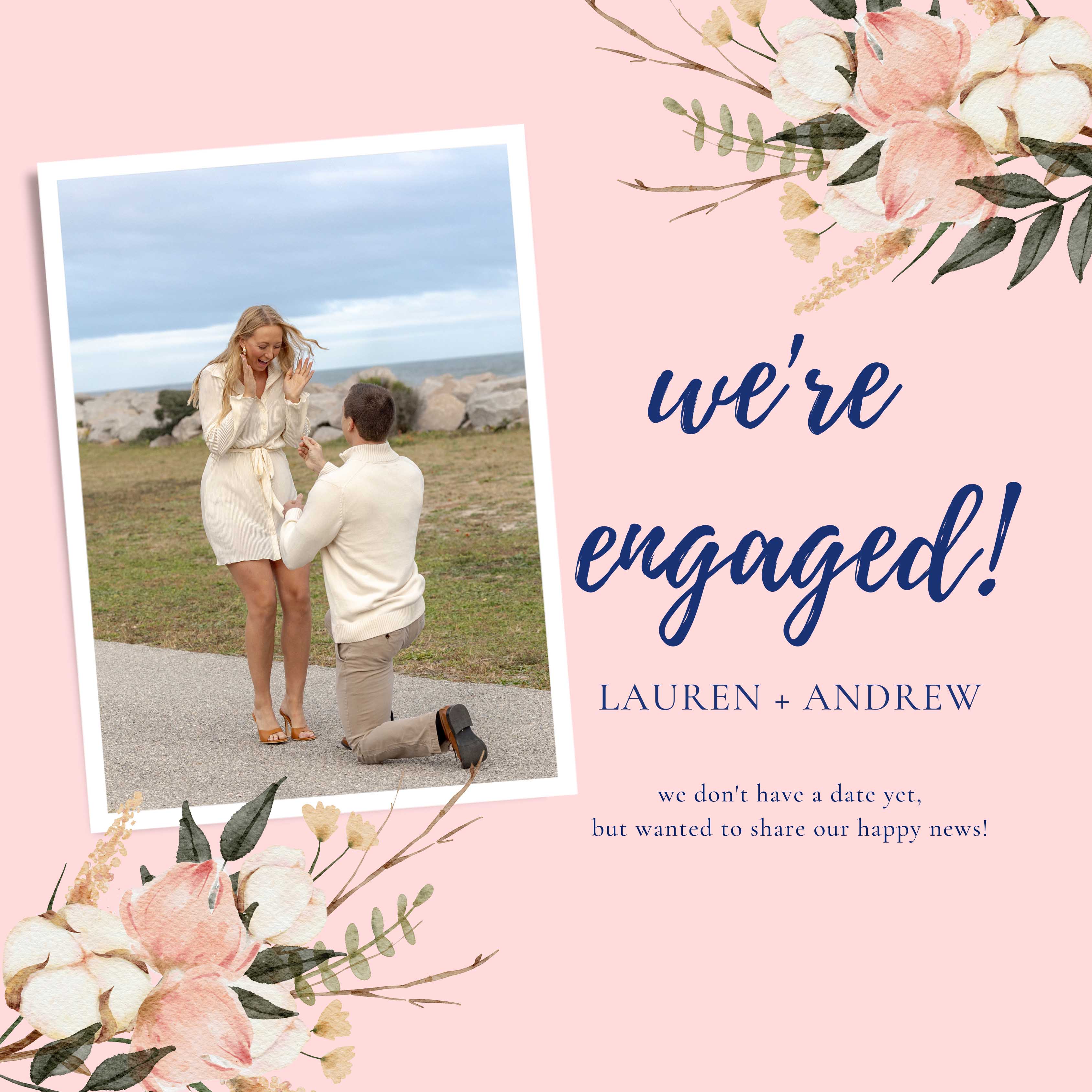 A couple’s engagement announcement featuring a beachside proposal with the groom-to-be on one knee.